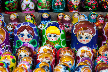 Fototapeta na wymiar Christmas Market in Red Square, Moscow. Sale of toys, famous and popular fairy-tale characters, figurines