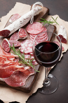 Salami, sausage, prosciutto and wine