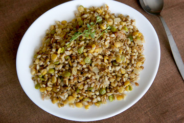 Cooked mixed  grains cereal for healthy meal. Various cereals (pearl barley, oats, rye, peas, lentil) porridge in plate.