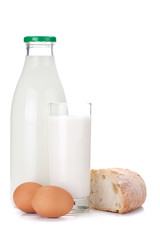 Milk bottle, glass, eggs and bread