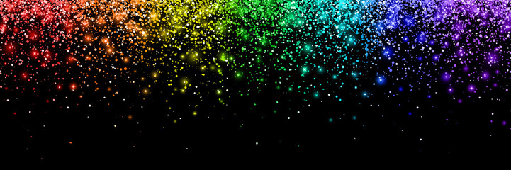 Rainbow falling particles, wide banner. Vector