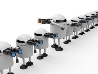 Different from other. Robot looks in binocular. 3d illustration