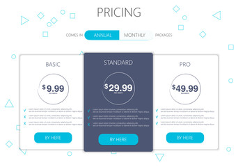 Three banners. Pricelist, hosting plans and web design boxes of banners. Banners for tariffs and price lists. Web elements. Plan the hosting. design for a web application.