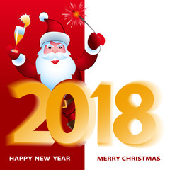 Santa Claus with big board. Merry Christmas and Happy New Year. Holiday greeting card.