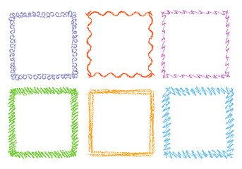 Crayon hand drawing square frames. Set of colorful rectangular ornate design element chalk or pencil like kid`s drawn style. Vector art strokes lines banner border, template, copy space background.