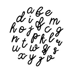 Lowercase black hand drawn letters isolated on white background.