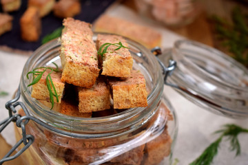 Croutons made of white bread with flavour of shrimps, crabs or fish. Homemade snacks