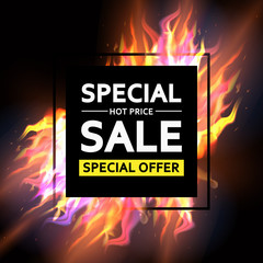 Vector labels for sale. Yellow and red fire with text special sa