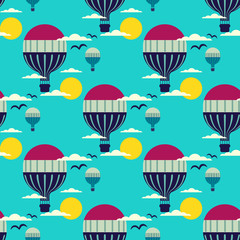 Hot air balloon in the sky with clouds seamless pattern. Flat cartoon pop art style. Travel adventure fly concept banner template design. Simple minimal retro colors, outdoor icon. Vector illustration