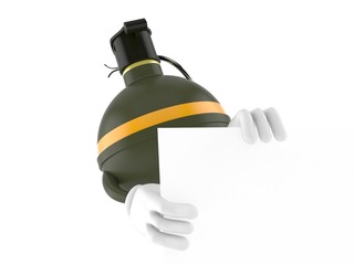 Naklejka premium Hand grenade character behind white board