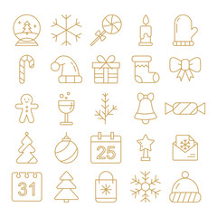 New Year icons. Christmas party elements. New Year Outline pictograms for web site design and mobile apps.