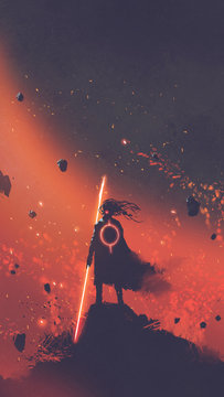 sci-fi character of the man in a black cape holding the light sword standing against red space background, digital art style, illustration painting
