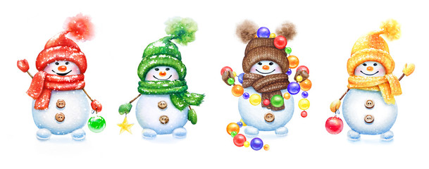 Collection of watercolor hand drawn cute snowmen in mittens and hats with decorative balls for New Year tree isolated on white background.