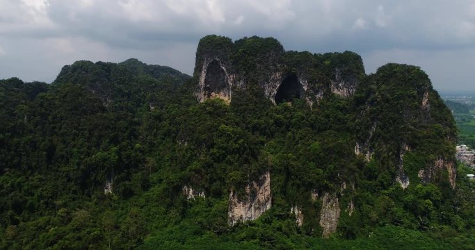 KRABI, THAILAND, MARCH 2017: Aerial view over characteristic Krabi hill topps in Krabi.