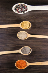 Assorted spices in wooden spoons on a table