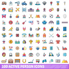 100 active person icons set, cartoon style 