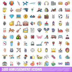 100 amusement icons set, cartoon style 