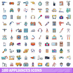 100 appliances icons set, cartoon style 