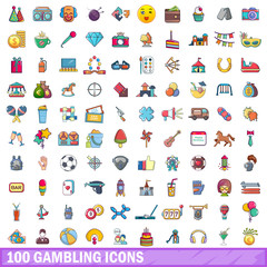 100 gambling icons set, cartoon style 