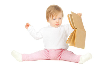 Caucasian baby girl holding a book isolated on white background