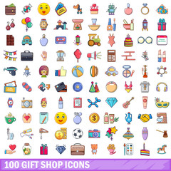 100 gift shop icons set, cartoon style 