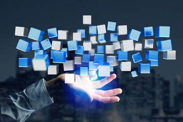 3d rendering blue and white cube on a futuristic interface