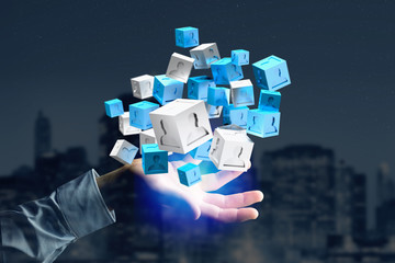 3d rendering blue and white cube on a futuristic interface