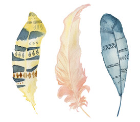 Watercolor feathers set boho hand drawn illustration, tribal