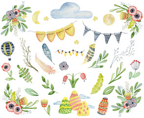 Watercolor hand drawn floral set. Decor elements Good for greeting cards, invitations, decoration, etc