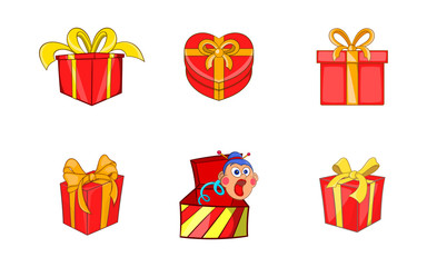 Gift box icon set, cartoon style