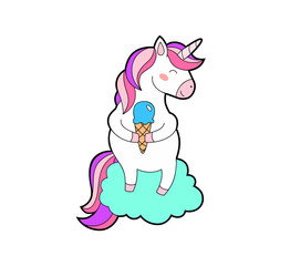 Cute fat unicorn with ice cream. Magic cartoon animal. Rainbow horn, pink hair.