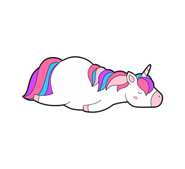 Cute fat unicorn sweet dreams print. Magic cartoon animal. Rainbow horn, pink hair. Dream symbol.