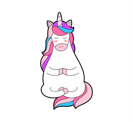 Cute fat meditation unicorn print. Magic cartoon animal.
