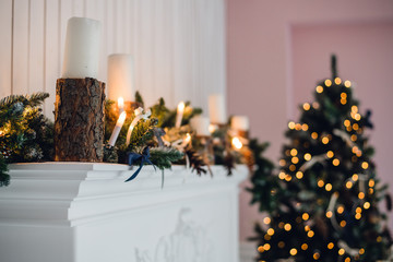 Christmas Fireplace, Xmas Lights Decoration, Tree Branches, candles and pine pieces