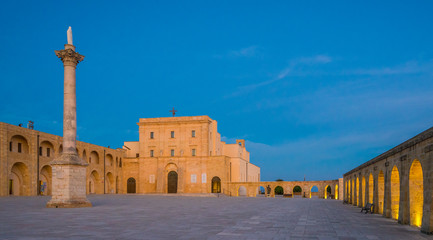 Santa Maria di Leuca Sanctuary at sunset, province of Lecce, Puglia, Italy.