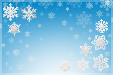 Christmas and New Year decorations: figurines of snowflakes on blue background.