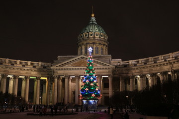 Fototapeta na wymiar Russia, St. Petersburg, New Year's spruce in front of the Kazan Cathedral
