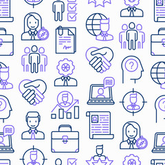 Head hunting seamless pattern with thin line icons: employee, hr manager, focus, resume; briefcase; achievements; career growth, interview. Vector illustration.