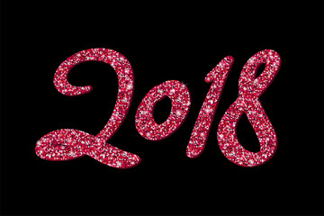 Vector 2018 Happy New Year background with red shiny glitter numbers on black background. Calligraphy phrase. Trendy handwritten modern lettering. Winter holidays banner concept. Design template