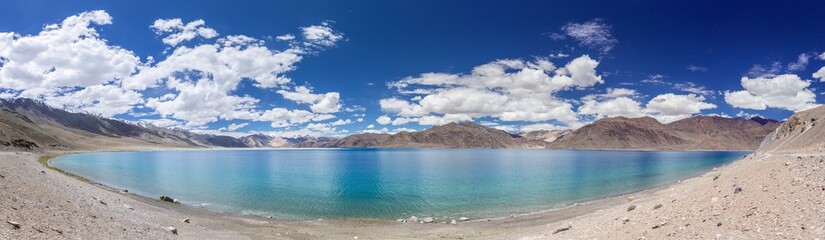 Beautiful panorama of the Pangong Tso Lake in Ladakh, North India