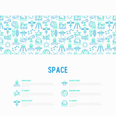 Fototapeta na wymiar Space concept with thin line icons: rocket, Earth, lunar rover, space station, teelscope, alien, meteorite. Modern vector illustration for banner, print media, web page.