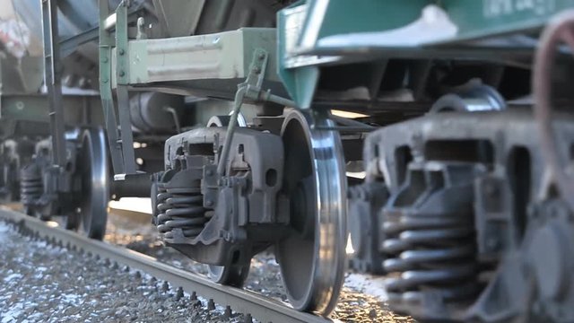 Close-up of a wheeled pair (wheeled cart) of a freight railway train 