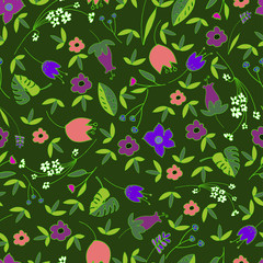 Cute Floral Seamless Pattern with hand drawn doodle flowers and leaves in cartoon style. Childish happy background for wallpaper, textile, wrapping paper, invitation cards, nursery, apparel. Vector