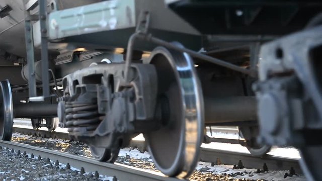 Close-up of a wheeled pair (wheeled cart) of a freight railway train 