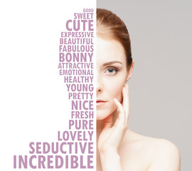 Portrait of fresh, young and beautiful girl in make-up and cosmetics concept. Word mosaic. 