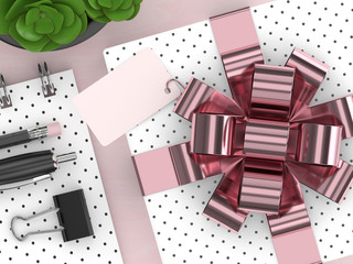 Naklejka premium 3d render of top view present and office tools