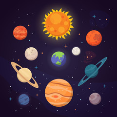 Set of colorful bright planets. Solar system, space with stars. Cute cartoon vector illustration. © denis08131