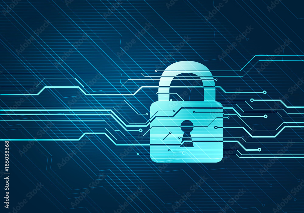 Poster abstract digital concept of internet data security and safety with lock on circuit microchip backgro