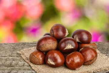 chestnut on the old wooden table with blurred garden background