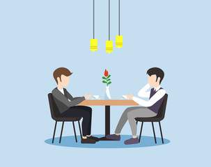 Businessmen at a business meeting in a cafe. Vector illustration.